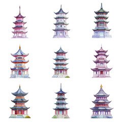 Detailed Illustration of Nine Pagoda Buildings Isolated on Transparent Background