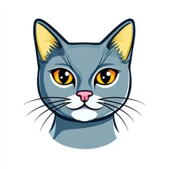 Cartoon illustration of a gray cat with yellow ears and orange eyes