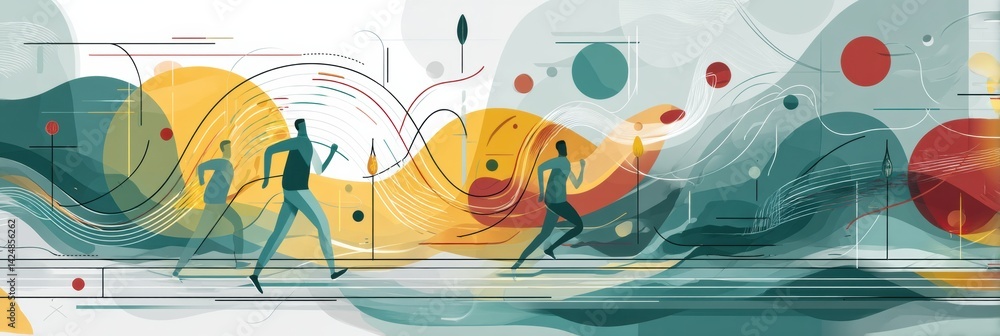Aufkleber Dynamic Visual of Abstract Runners on a Minimalist Running Track Showcasing Movement and Energy in a Vibrant Environment