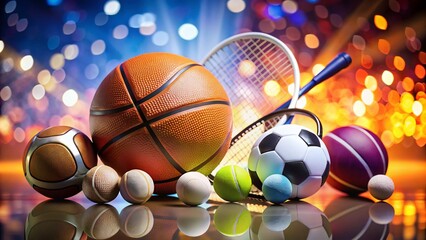 Colorful Sports Collage: Balls & Racket, High-Resolution Stock Photo