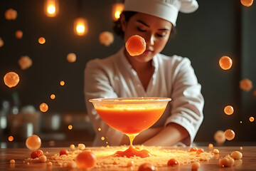 Cooking action by chef creating unique dessert in cozy kitchen dramatic lighting culinary art