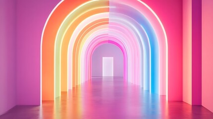 Rainbow archway tunnel, vibrant neon light