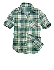 Isolated on white, a gray and red checkered plaid shirt, a casual cotton garment with long sleeves,...