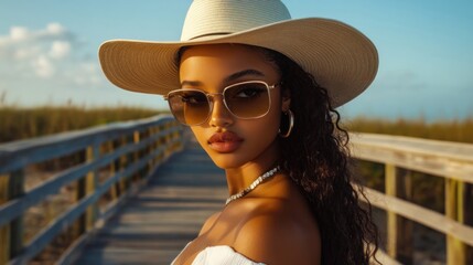 Summer Fashion on the Boardwalk: A Stunning Portrait of a Woman in a Stylish Hat and Sunglasses