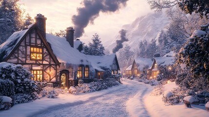Charming Snow Covered Cottages Winter Village Scenic Landscape Peaceful Cozy Christmas Eve Festive Holiday Season Beautiful Illuminated Houses        