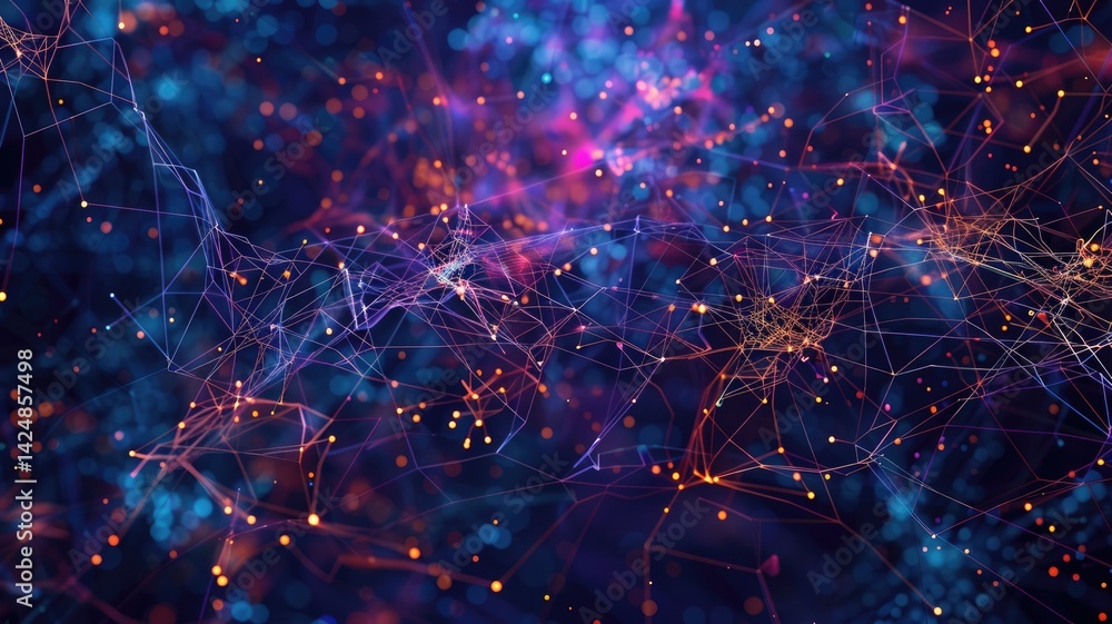 Poster explore a vibrant abstract data visualization featuring elements of artificial intelligence, showcas