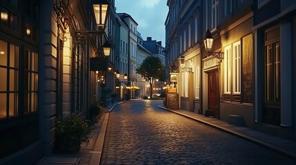 Obraz premium Romantic Evening Street Scene Cobblestone Road European City Nighttime Architecture Buildings Old Town Historic Charming Twilight Tranquil Peaceful 