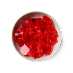 Tasty red jelly cubes isolated on white, top view