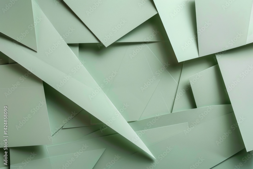 Poster overlapping mint green paper sheets in geometric arrangement. digital artwork of 3d rendering geomet