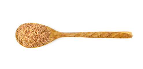 Superfood product. Flaxseed powder in spoon isolated on white, top view