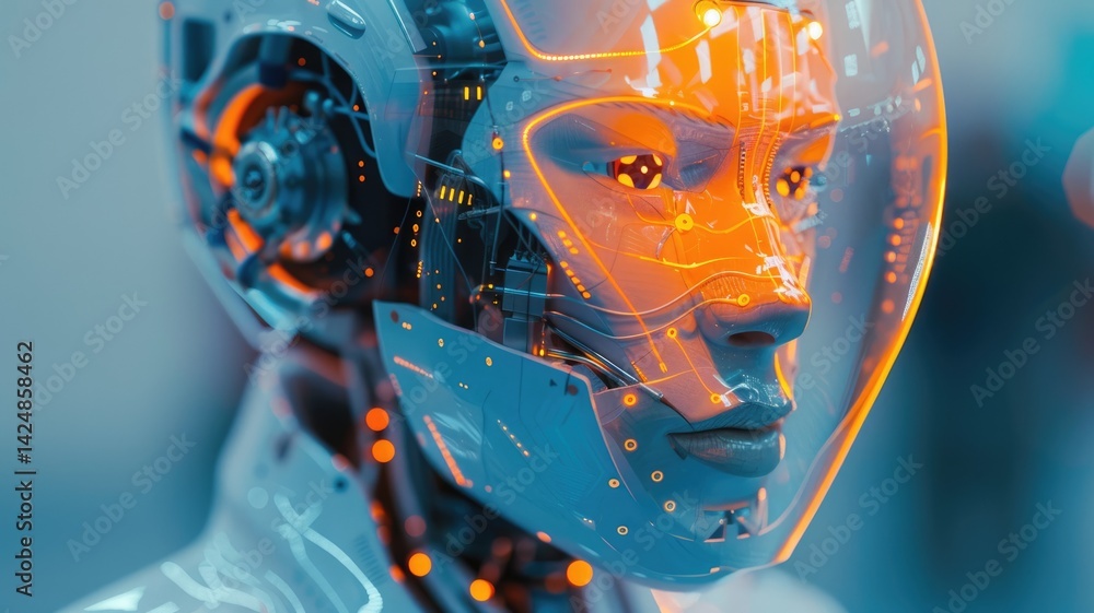 Poster explore a striking representation of artificial intelligence technology, showcasing a futuristic des