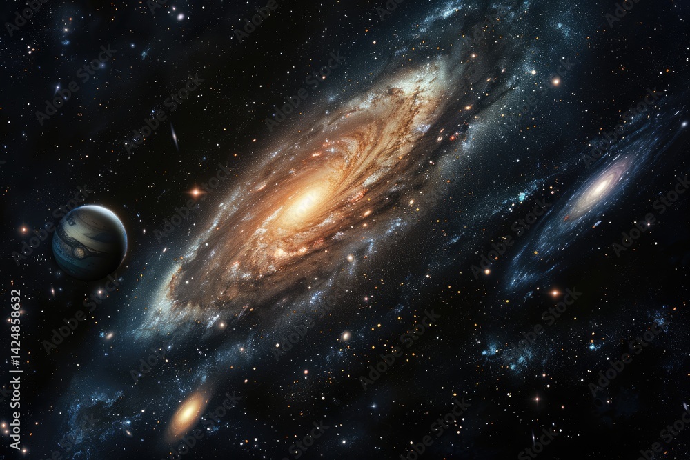Poster galaxy with planets and stars in outer space. digital artwork of planet or solar system with planet 