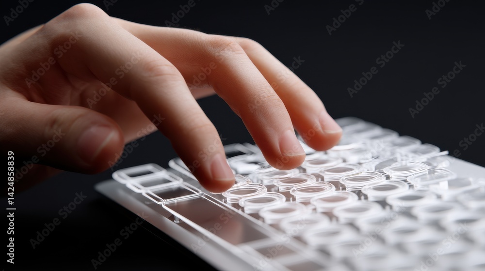 Aufkleber close up view of a person s hand typing on a white computer keyboard against a dark background