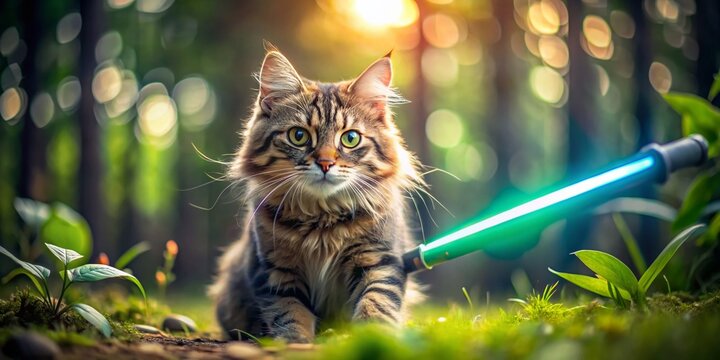 Cute Tabby Kitten Jedi Master, Lightsaber, Force, Fantasy Cat