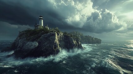 Dramatic Lighthouse on Rocky Coastline Dark Stormy Clouds Seascape Ocean Waves Dramatic Lighting Moody Atmosphere Coastal Scene Island Cliff Seashore 