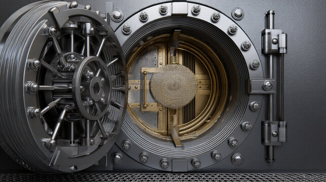 Open bank vault door metal security safe deposit box financial institution storage strongbox protection
