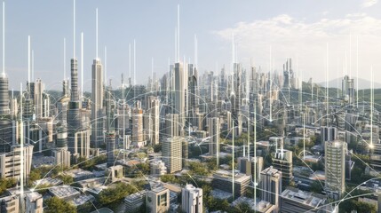 Obraz premium Expansive cityscape featuring a dense of towering skyscrapers high rise buildings and contemporary architectural designs showcasing the dynamic growth and development of a thriving metropolitan area