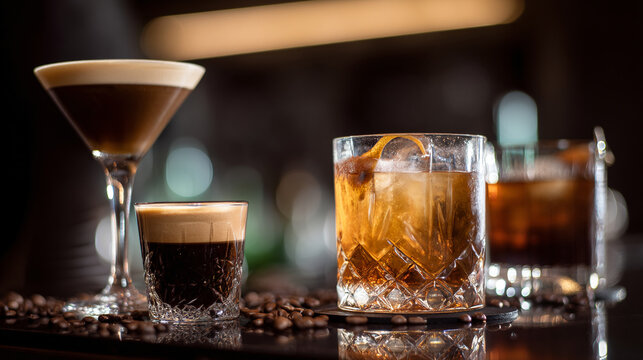 Espresso martini old fashioned cocktails coffee beans dark bar elegant drinks photography for menu design