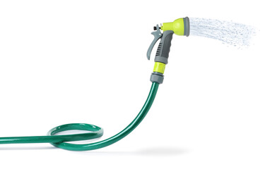 Rubber watering hose spraying water on white background. Gardening