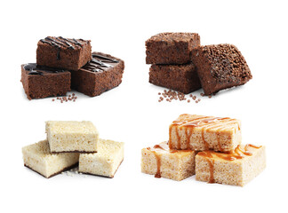 Delicious puffed rice bars on white background, collage