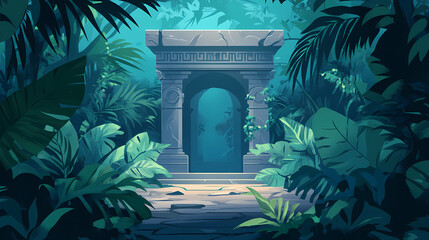 Fototapeta premium An ancient temple entrance surrounded by lush jungle foliage and mist. Faelight Temple. Illustration