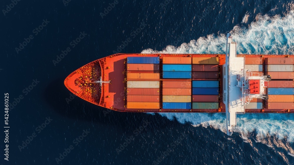 Poster aerial view of a large cargo container ship moving swiftly across the deep blue waters of the open o