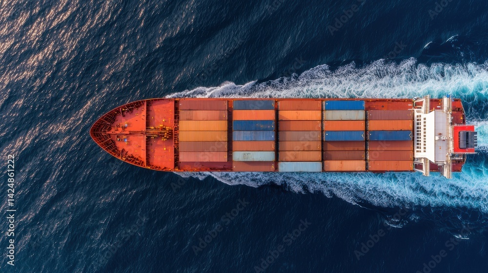 Poster aerial view of a large cargo ship transporting numerous shipping containers across the open ocean re