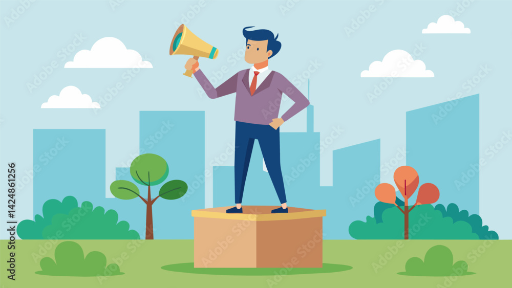 Aufkleber a man standing on a soapbox in a public park using a megaphone to spread exaggerated rumors about a 