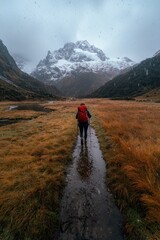 Fototapeta premium A hiker navigates a muddy trail through a vast snow capped mountain valley surrounded by a moody atmospheric landscape on an overcast rainy day
