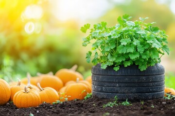 Recycled tire planter showcasing fresh herbs among pumpkins.