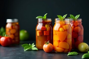 Vibrant fermented pickled veggies in glass jars on black table, food, probiotics, fermentation