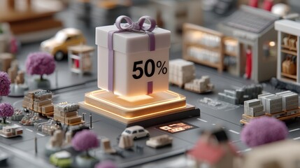 Close up view of a gift wrapped box with a 50 discount label displayed on top of an electronics circuit board showcasing a promotional sale or clearance offer for technology products