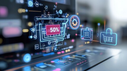 A modern innovative digital interface showcasing various shopping related data including a 50 discount icon and other e commerce elements
