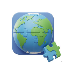 Fototapeta premium 3D Earth Globe with Detached Puzzle Piece Solution Environment Problem Solving World Unity Strategy Planet Fix