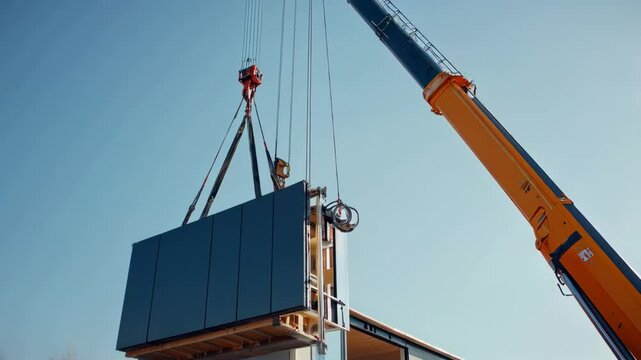 Modular home section being lifted by crane during modern house construction.

