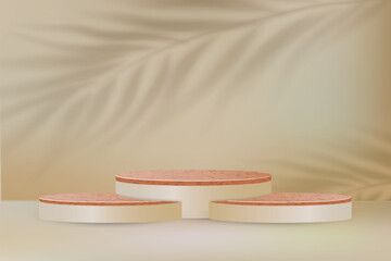 Abstract 3D room with realistic cylinder pedestal podium set. Minimal scene for product display presentation. Vector geometric platform. Stage for showcase.