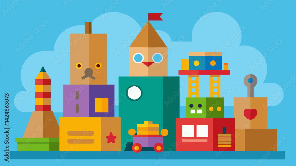 Poster a display of handcrafted toys made from discarded cardboard boxes and plastic containers.. vector il