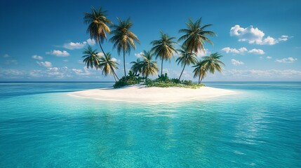 Fototapeta premium Serene Tropical Island Paradise Beach Ocean Palm Trees Summer Vacation Idyllic White Sand Azure Water Exotic Getaway Sunny Day Tropical Escape 