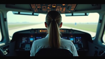 A woman immersed in a vibrant and surreal cinematic atmosphere while seated inside a plane enjoying the view