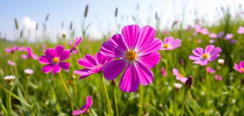 Obraz premium Vibrant magenta and white cosmos bloom in a sunlit meadow, summer backdrop, botany, colorful