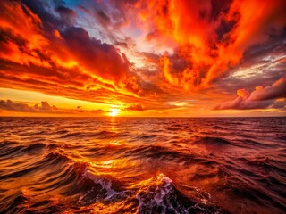 Fototapeta premium Dramatic Fiery Sunset over Dark Ocean - Coastal Landscape Photography