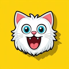Fototapeta premium Cartoon cat face with blue eyes and pink ears on bright yellow background