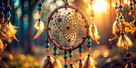 Obraz premium Dreamcatcher Photography: Boho Chic Decor, Handmade Native American Craft, Spiritual Symbol, Intricate Weaving, Close-up Detail