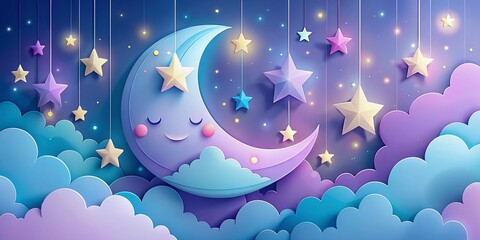 Dreamy Night Sky: Crescent Moon, Stars, and Clouds - 3D Papercut Illustration