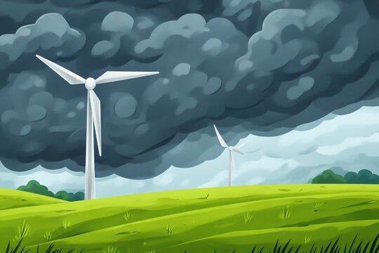 Illustration of wind turbines against a cloudy sky on a rolling green landscape, symbolizing renewable energy.