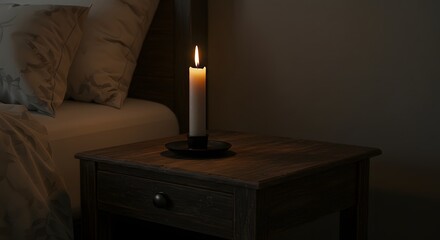 Illuminated candle on wooden nightstand beside a bed in a dimly lit room creating a warm ambiance