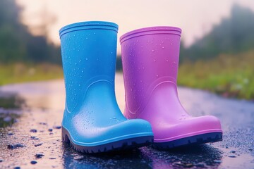 Pair of colorful rain boots in a wet outdoor setting.