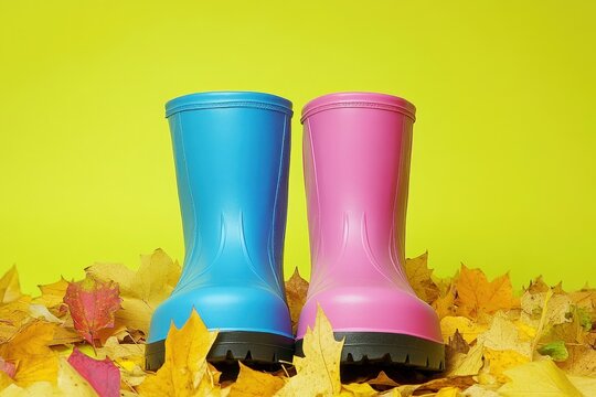 Pair of vibrant, colorful children's rain boots resting on autumn leaves.