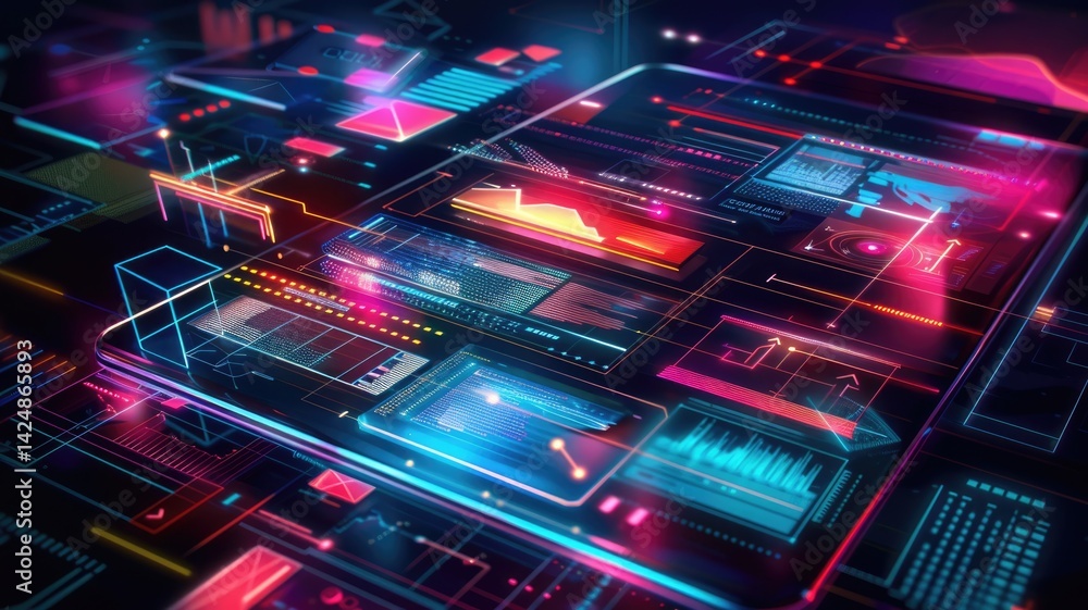 Poster smartphone displaying futuristic user interface with holographic elements. data analysis popping up 