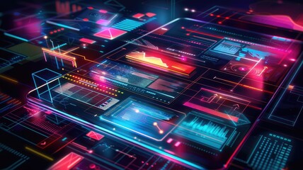 Obraz premium Smartphone displaying futuristic user interface with holographic elements. Data analysis popping up from device with vibrant neon color at dark background. Technology and innovation concept. AIG53.